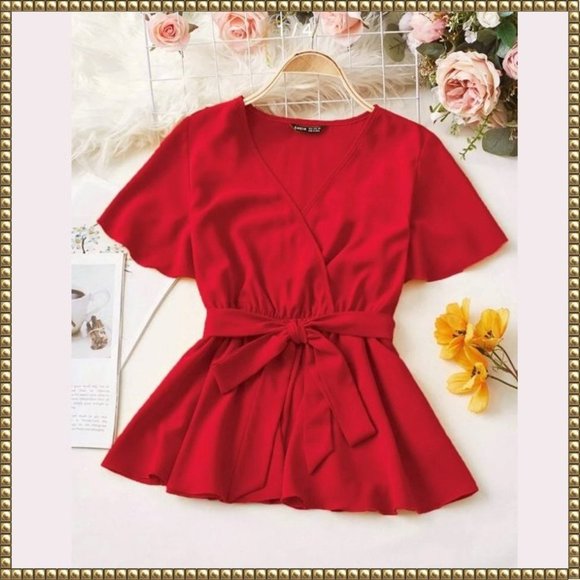 SHEIN Tops - NWOT Shein Red Wrap Peplum Top Size L - XL